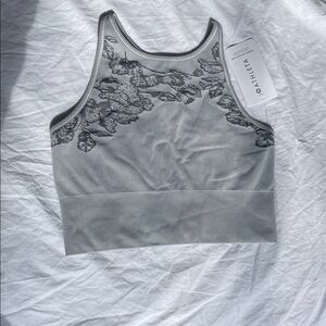 Athleta Light Gray Floral Ribbed High-Neck Sports Bra